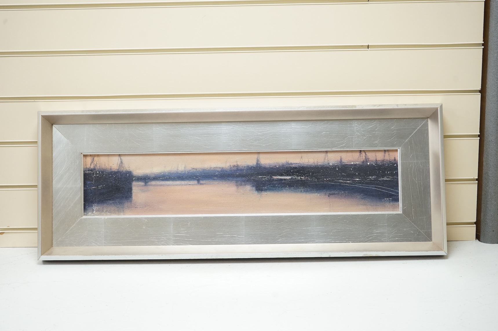 Contemporary oil on board, Panoramic London Thames riverscape, unsigned, 13 x 68cm